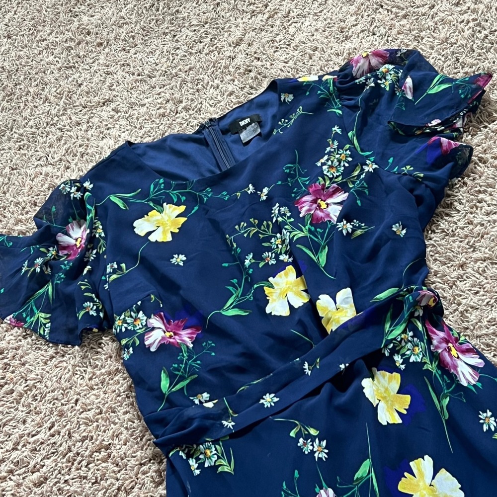 DKNY Navy Blue Floral Flutter Sleeve Midi Dress Plus Size 22W